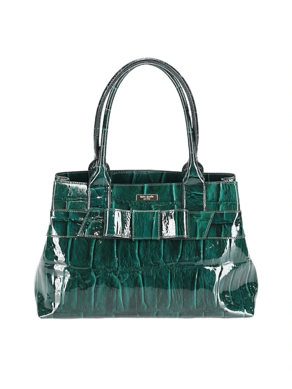 KATE SPADE ~ Emerald Green Croc-Embossed Patent Leather Tote with Bow